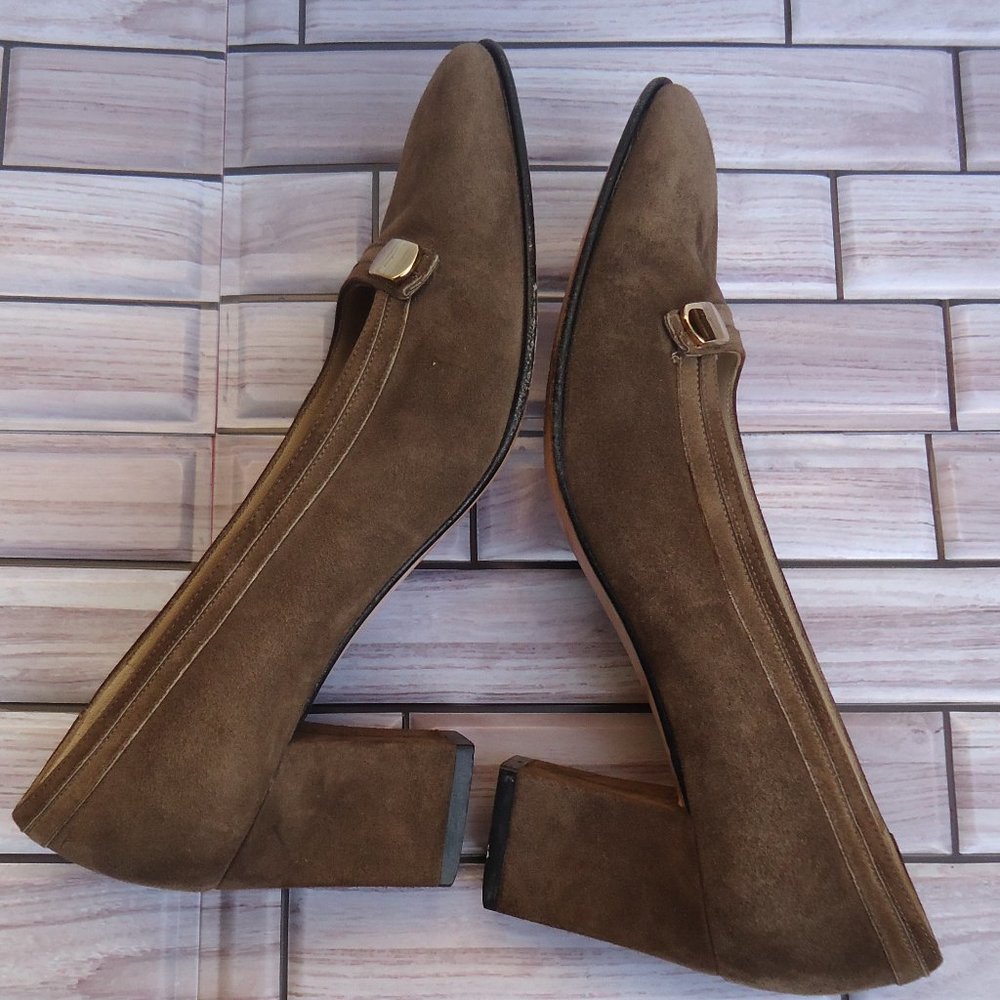 SIZE 6.5 B. Salvatore Ferragamo brown suede leather slip on heels. - Picture 7 of 16